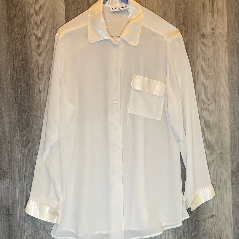 Cristina Sheer White Blouse Satin Trim Minimalist Button Front Womens M/L